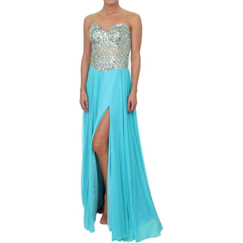 Terani couture gown NEW + tags corset dress aqua nude chiffon rhinestones